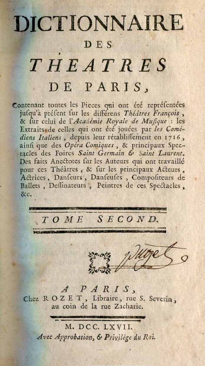 Dictionnaire de Theatres de Paris. Tome II